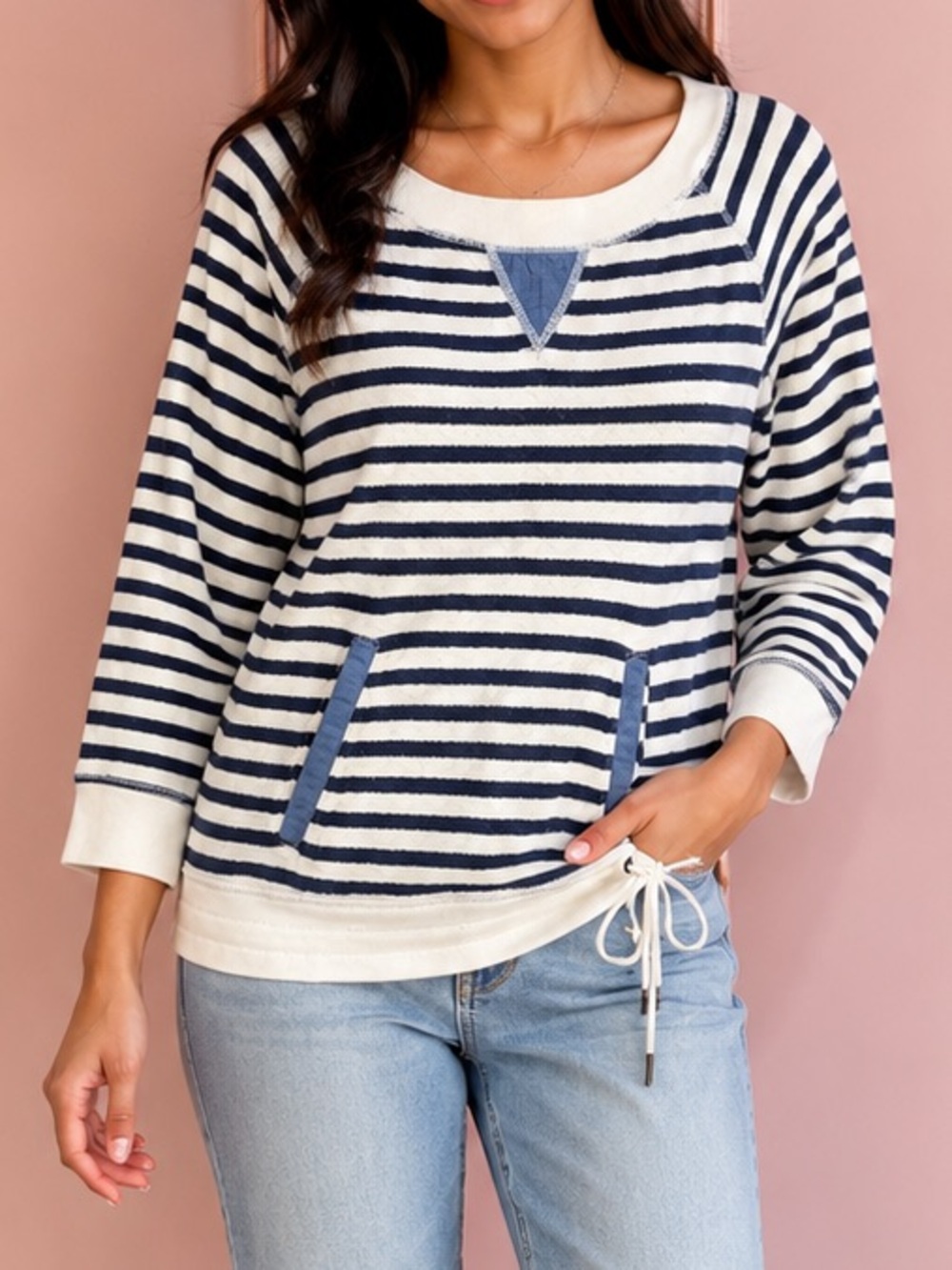 Lauren Ralph Lauren Navy Cream Striped Pullover Sweatshirt Drawstring Hem XS